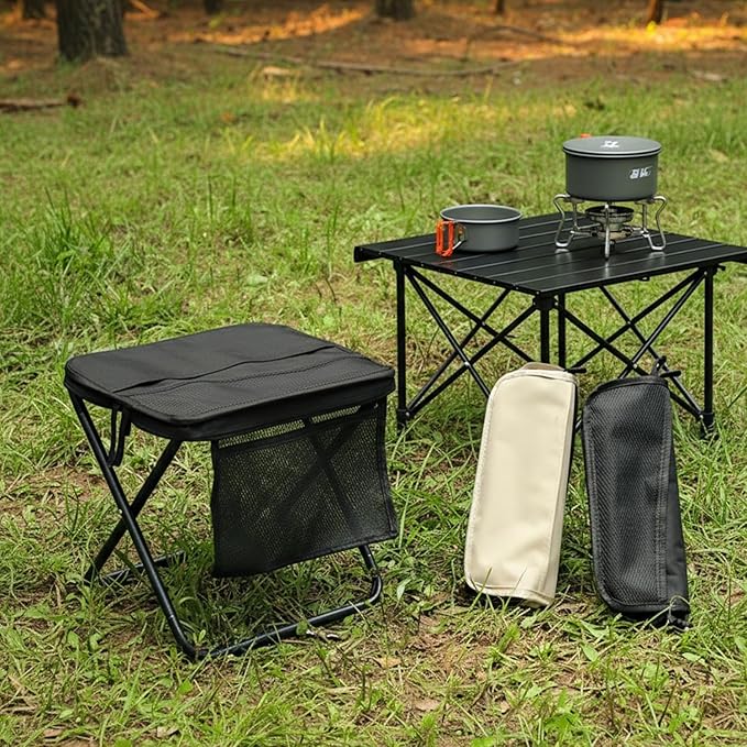 13 x 10.6 Inch Portable Folding Camping Stool, Metal Frame with Storage Mesh, Small Folding Stool for Adults Lightweight Outdoor Seating for Camping Fishing Hiking BBQ Hold Up to 265 LBS (Black)