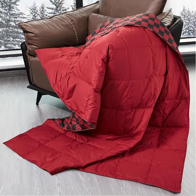 puredown® Lightweight Checkered Couch Throw Soft Feather Down Throw Blanket for Indoor and Outdoor Use, 50"X70", Black and Red