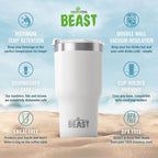 BEAST Insulated Coffee Mug – 900 ml I Arctic White I Stainless Steel I Reusable, Insulated Cups I 2 Straws and Cleaning Brush, Double Walled Travel Coffee Thermos I Hot or Iced Coffee