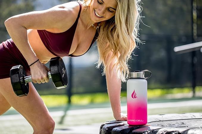 HYDRO CELL Stainless Steel Insulated Water Bottle with Straw - For Cold & Hot Drinks - Metal Vacuum Flask with Screw Cap and Modern Leakproof Sport Thermos for Adults (White/Pink 32oz)