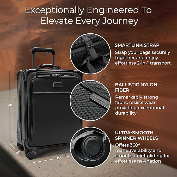 Briggs & Riley Global 21" Carry On Expandable Spinner - Luggage for International Travel, Suitcases with Wheels, Softside Rolling Bag for Men & Women, Self-Repairing Zipper- Baseline Collection, Black