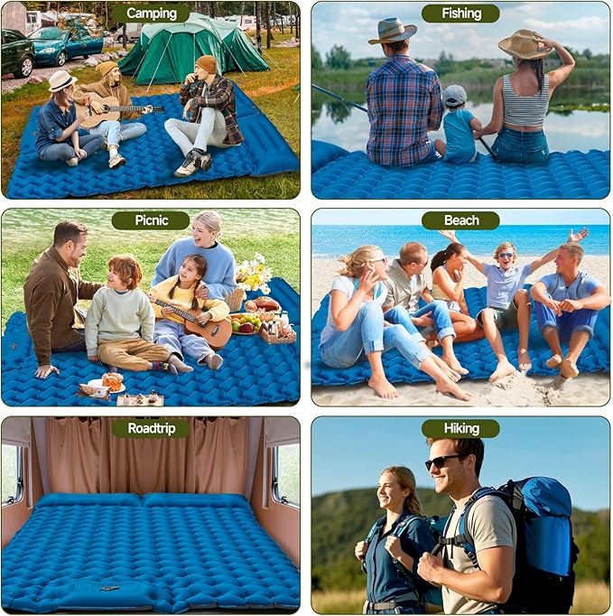 Inflating Sleeping Pad Mattress for Camping: Inflatable Camping Bed with Built-in Foot Pump for Tent - 4" Extra Thick Mat Air Cot for Floor - 2 Person Blue