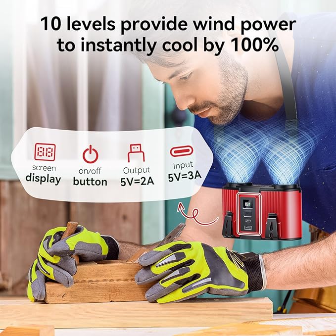 12000mAh Personal Waist Fan, USB Rechargeable Clip The Waist For Working,10 Speed & 40H Cooling and Heatstroke Prevention For Outdoor Travel Camping (Red, 12000mAh)