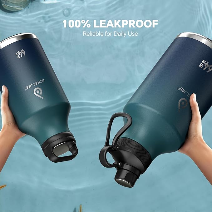 IDEUS Insulated Stainless Steel Water Bottle with 2 Leak-Proof Lids, Thermal Water Flask for Hiking Biking, 64oz, Green