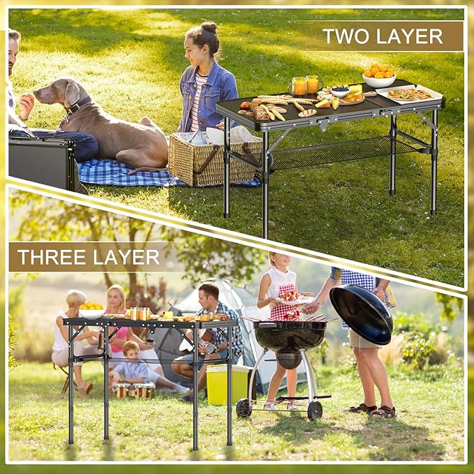 Folding Camping Table, 3 FT Folding Portable Camping Table, Outdoor&Indoor Picnic Table with 3 Adjustable Height Max 27.1",Lightweight Aluminum Camping Tables, Car Camping Essentials-Pure Black