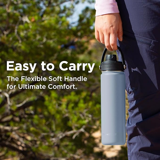 ThermoProof Double-Walled Vacuum Insulated Stainless Steel Water Bottle - Wide Mouth with Chug & Spout Lids, Dishwasher Safe, Reusable, Leakproof, Hot & Cold for Men, Women & Kids - 22oz, Cool Gray