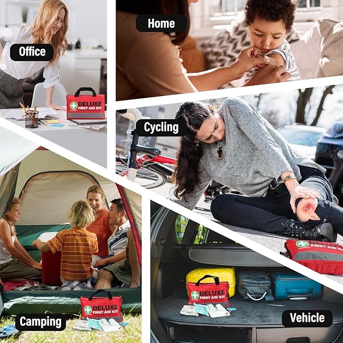 380 Pieces Deluxe First Aid Kit Compact Trauma Medical Kits with Assorted Bandages, Instant Cold Pack, Emergency Blanket for Home, Travel, Camping, Vehicle, Emergency Kits(Red)