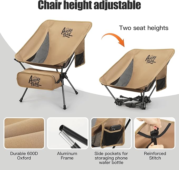 Ultralight Backpacking Chair,2.2lb Compact Folding Camping Chair,Supports 300lbs,Portable Travel & Hiking Chair,Lightweight Design,Perfect for Hiking Gear, Picnics and Traveling (Khaki)