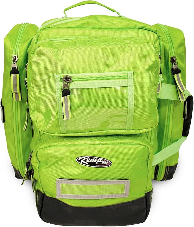 Kemp USA Ultimate EMS Backpack - Emergency Supplies - EMT Bag Fits BLS/ALS Equipment and D Tank Oxygen Cylinder - Multiple Grab Points, Chest & Waist Support Straps & Color-Coded Pouches (Neon Green)