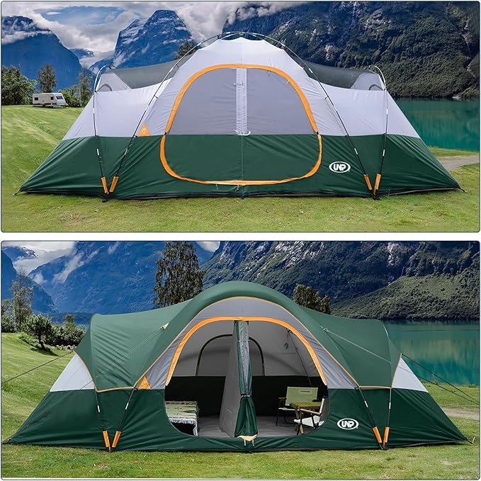 UNP Camping Tent 10-Person-Family Tents, Parties, Music Festival Tent, Big, Easy Up, 5 Large Mesh Windows, Double Layer, 2 Room, Waterproof, Weather Resistant, 18ft x 9ft x78in