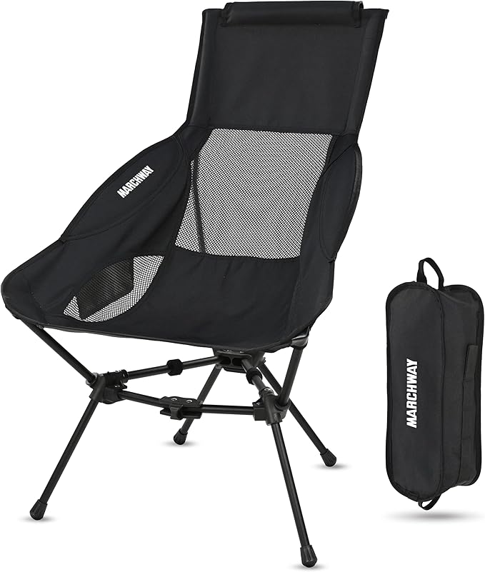 MARCHWAY Lightweight Folding High Back Camping Chair with Head Support, Stable Portable Compact for Outdoor Camp, Travel, Beach, Picnic, Festival, Hiking, Backpacking (Highback Black)