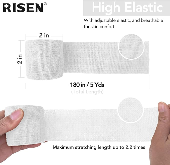 RISEN Cohesive Bandage 2” x 5 Yards, 6 Rolls, Self Adherent Wrap Medical Tape, Adhesive Flexible Breathable First Aid Gauze Ideal for Stretch Athletic