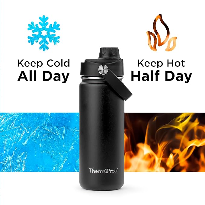 ThermoProof Insulated Water Bottle – Stainless Steel, Wide Mouth, Flip & Spout Lids, Leakproof, Dishwasher Safe, Reusable – Keeps Drinks Hot or Cold – for Adults & Kids – 18oz, Black