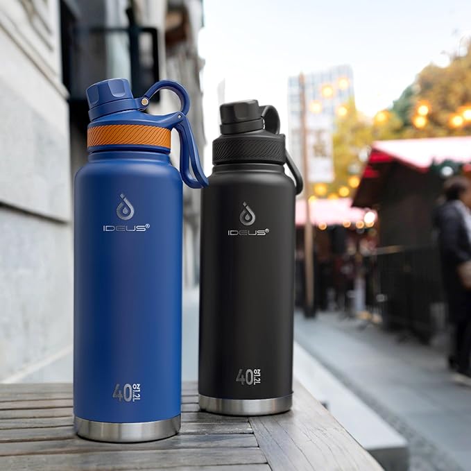 IDEUS Insulated Stainless Steel Water Bottle with 2 Leak-Proof Lids, Thermal Water Flask for Hiking Biking, 40oz, Bright Blue