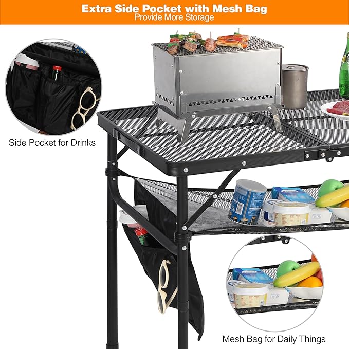 REDCAMP 48x24 Long Folding Grill Table for Outside, Lightweight Portable Double Layer Metal Aluminum Outdoor Grill Table with Adjustable Height Legs, Great for Camping Picnic Cooking BBQ, Black 4ft