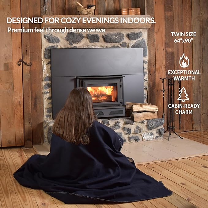 Military Style Wool Blanket – Cushioned, Breathable, Durable, Warm & Washable – Double-Stitched Border–Great for Camping, Outdoor, First Aid, Travel, Car–Fire-Resistant – 64"x90" 4.5 lb (Navy Blue)