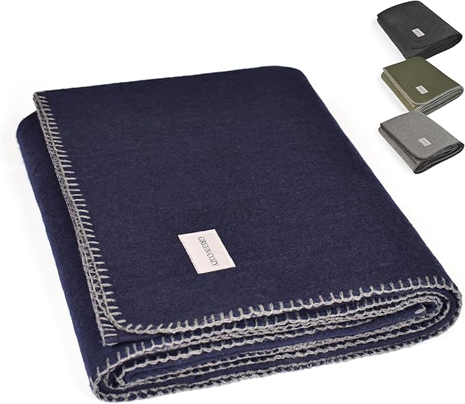 Military Style Wool Blanket – Cushioned, Breathable, Durable, Warm & Washable – Double-Stitched Border–Great for Camping, Outdoor, First Aid, Travel, Car–Fire-Resistant – 64"x90" 4.5 lb (Navy Blue)