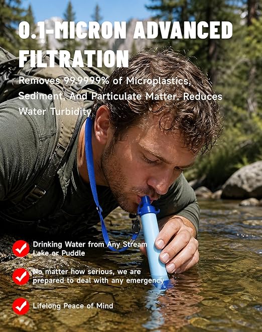 Water Filter, Portable Water Filter Straw, Emergency Survival Filtration System, Lightweight Personal Water Purifier, Includes 480ml Reservoir & Tube, for Hiking, Camping, Travel (1)