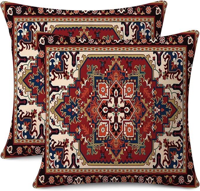 Outdoor Waterproof Pillow Covers 18x18 Inch Red Floral Bohemian Vintage Carpet Pattern Ethnic Design Decorative Farmhouse Cushion Cases for Sofa Couch Garden Balcony Set of 2