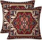 Outdoor Waterproof Pillow Covers 18x18 Inch Red Floral Bohemian Vintage Carpet Pattern Ethnic Design Decorative Farmhouse Cushion Cases for Sofa Couch Garden Balcony Set of 2