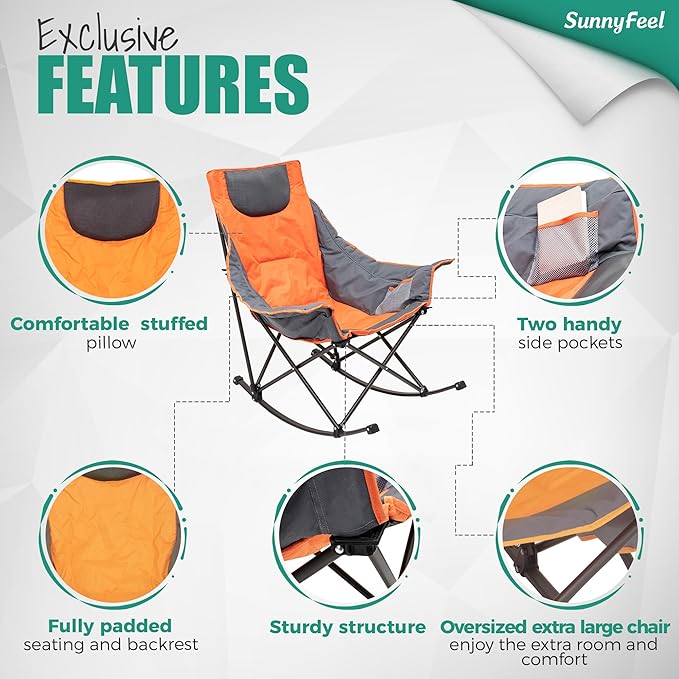 SUNNYFEEL Oversized Rocking Camping Chair, Fully Padded Patio Chair with Side Pocket, High Back Portable Lawn Recliner with Headrest, Outdoor Camp Rocker Chairs for Adults Heavy Duty 500 LBS