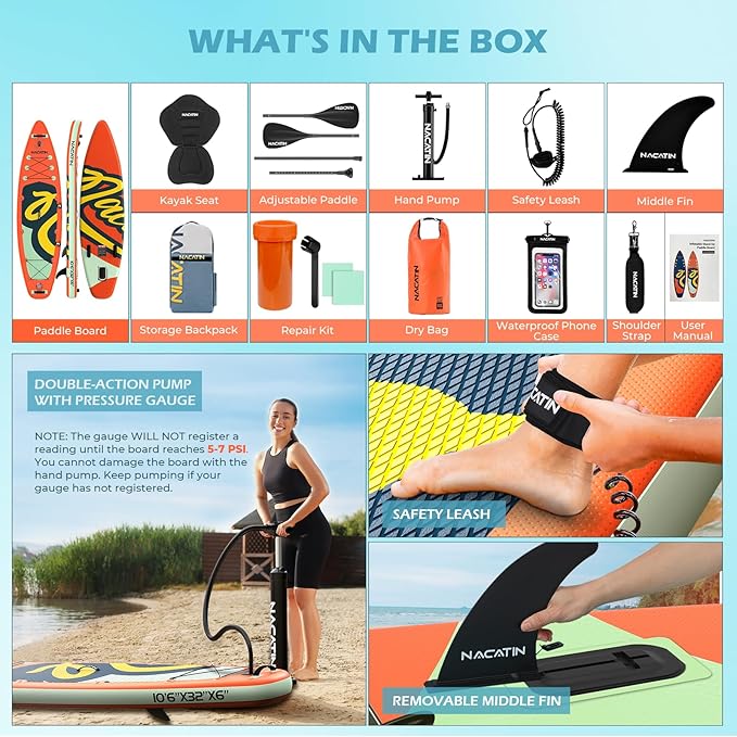 NACATIN Inflatable Stand Up Paddle Board with Kayak Seat,10'6"Upgrade Version Blow Up Paddle Boards for Adults with Premium SUP Accessories&Backpack,Adjustable Paddle,Camera Mount,Fins,Hand Pump