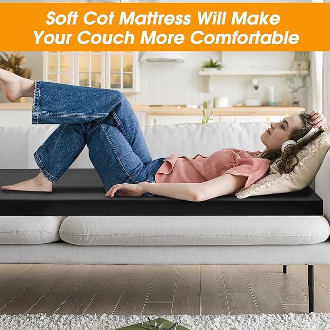 CYMULA Camping Cot Mattress 2in Memory Foam Sleeping Pad,Soft Warm Non-Slip Camping Mattress Topper with Retaining for Adults,Portable Roll up Pad for Travel(75 x30)（only Mattress）