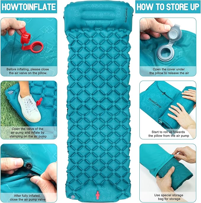 Camping Sleeping Pad, Ultralight Inflatable Mattress with Pillow Built-in Foot Pump for Outdoor Hiking Travel Tent Backpacking Trip Car, Compact Lightweight Camping Mat, Peacock Blue