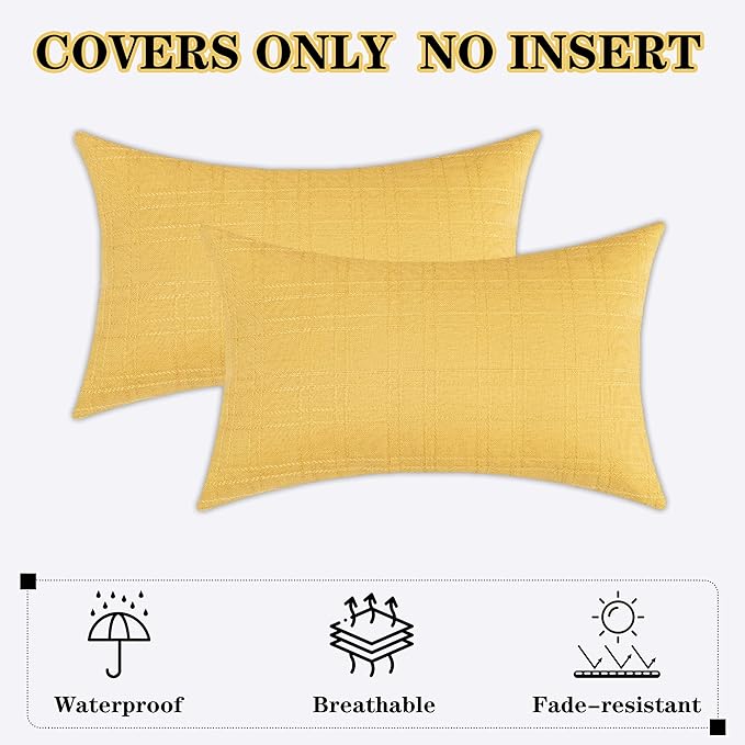 Kevin Textile Pack of 2 Outdoor Waterproof Throw Pillow Covers Decorative Square Outdoor Checkered Pillows Cushion Case Patio Pillows for Couch 12x20 inches 30x50 cm Yellow