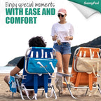 SUNNYFEEL Low Beach Chair, 5-Position Lay Flat Reclining, Backpack Portable Folding Chair with Cooler Bag & Cup Holder, Heavy Duty 350 LBS, Compact for Beach, Camping, Travel