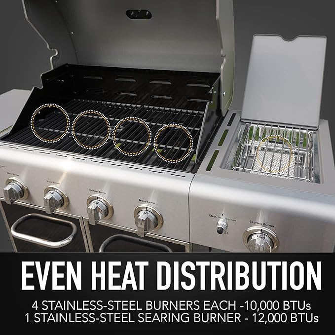 Kenmore 4-Burner BBQ Gas Grill with Searing Side Burner, Propane Grill, 52,000 BTUs, Warming Rack, Electronic Ignition & Cast Iron Cooking Grates, Black/Stainless Steel + Bonus Cover