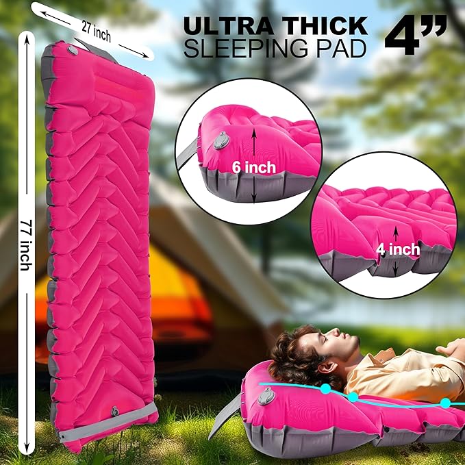 Sleeping Pad with Pillow, Self Inflating Extra-Thick, Ultralight Sleeping Mat, Built-in Pump, Ultimate for Camping, Hiking, Traveling, Airpad, Carry Bag, Compact & Lightweight Air Mattress (Purple)