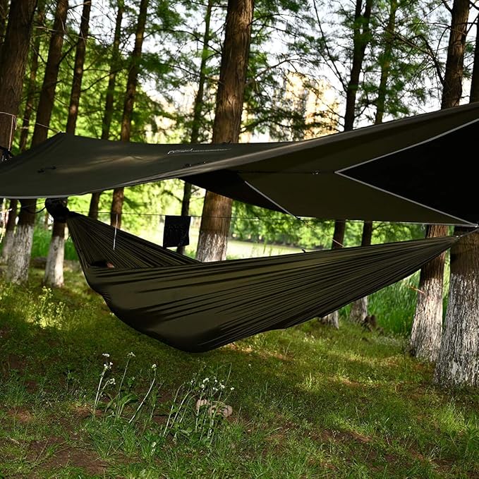onewind Camping Hammock with Rain Fly and Bug Net Portable Lightweight 11ft Double Hammock with 12ft Ultralight Silnylon Tarp and Mosquito Net Ridgeline 12Ft Tree Straps for Camping Hiking Backpacking