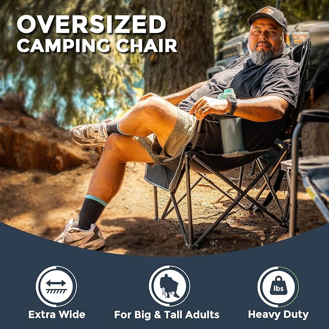 Oversized Camping Chair for Large Adults Heavy Duty 400 lbs Capacity, Comfortable Padded Folding Lawn Chair with Back & Headrest Support and Cup Holder, Portable Outdoor Chair with Carry Bag