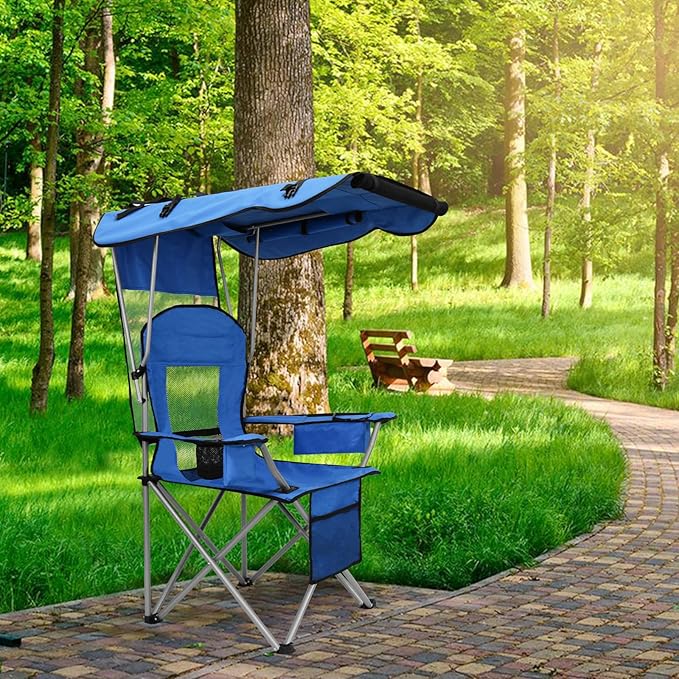BDL Camping Chair with Canopy Shade Portable Foldable Canopy Chair with Cooler, Mesh Backrest, Cup Holder, and Pocket for Camping, Fishing, Beach, and Sports,Sky-Blue