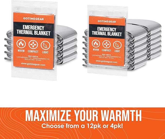 Go Time Gear Emergency Blankets for Survival (4 Pack), Mylar Emergency Survival Gear for Home, Camping, Hiking & Outdoor Survival Kits, Stay Warm, Dry, & Safe with Our Compact Space Blanket