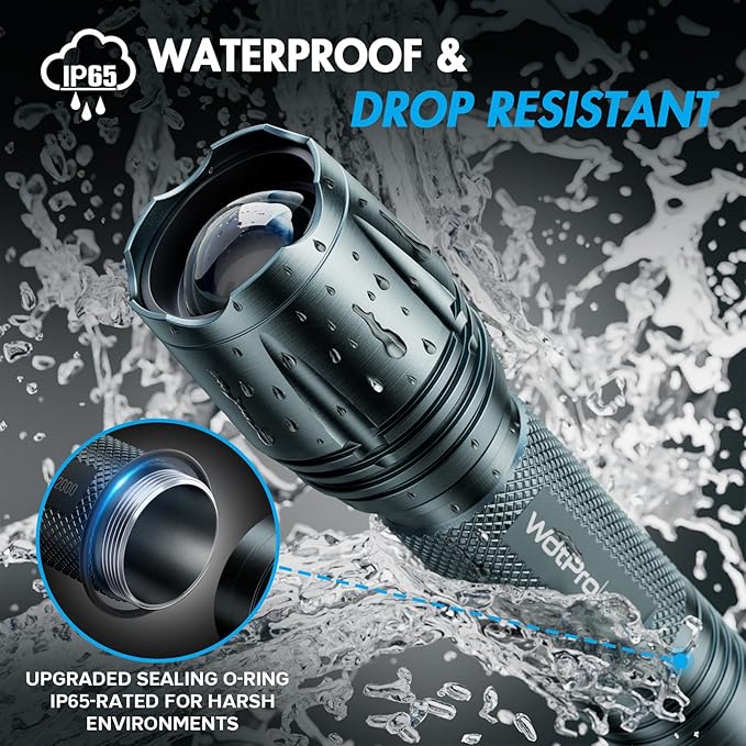 WdtPro LED Flashlight High Lumens SR2000 Pro, 2 Pack Brighter Tactical Flashlights with 5 Modes & Zoomable, Powerful Mini Flash Light for Emergency, Camping, Hiking (Grey)