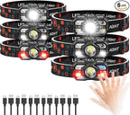 Headlamp Rechargeable 6Pack, 3000 Lumen Ultra-Light Bright Headlamp Flashlight with White Red Light, LED Headlight Motion Sensor, 5+5 Mode for Outdoor Camping Fishing Running Hiking (6)