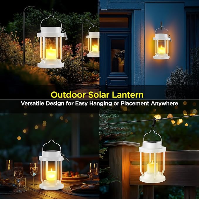 Solar Lantern Outdoor & Indoor Use – Hanging Solar Lights with Realistic Flickering Flameless Candle, Weatherproof for Gardens, Patios, Trees, and Lawns (White, 1 Pack)