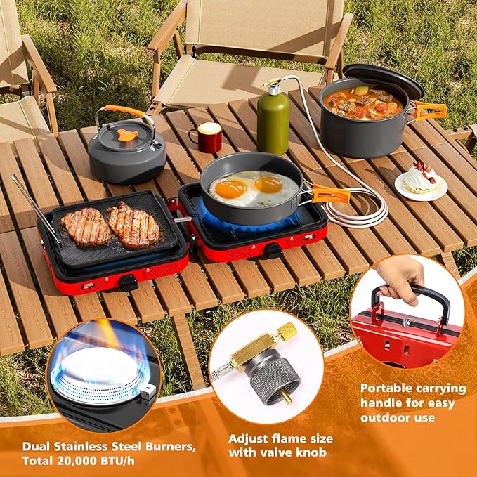 Portable 2 Burner Camping Stove Set with Cookware, 20,000 BTU/h, Outdoor Cooking Kit Includes Outdoor Folding Gas Stove, Frying Pan, Griddle, Kettle, Pot, and Carry Bag, For Propane & Butane