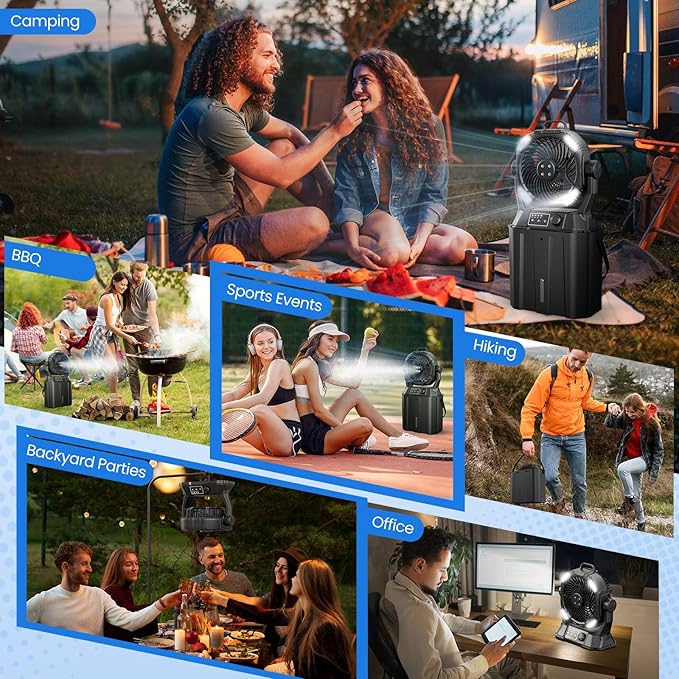 Misting Fan Portable 42800mAh Rechargeable with Remote Control, Camping Fan with LED Light & Stepless Speed Control & Cooling Spray with 6L Bucket, Timer Function, Portable Handle, Rotate Hang Hook