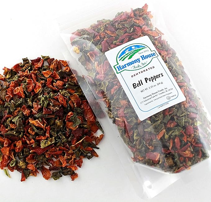 Harmony House Dried Mixed Bell Peppers, Diced – Dehydrated Vegetables for Cooking, Camping, Emergency Supply and More
