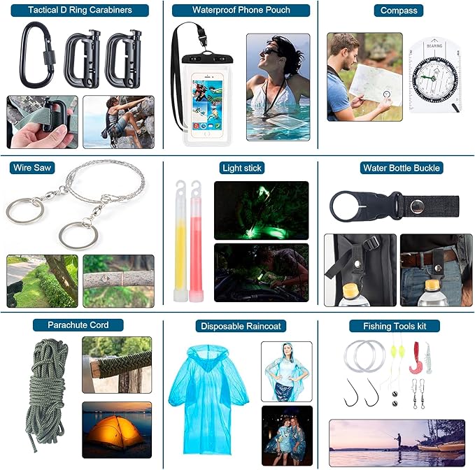 254 in 1 Survival Kit, First Aid Kit Survival for Outdoor Emergencies Includes Hatchet, Shovel, Flashlight, Tools Ideal for Camping, Hiking, Travel Gift for Men