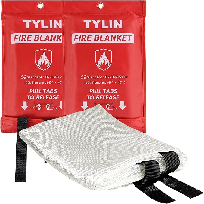TYLIN Emergency Fire Blanket for Home & Kitchen 40” x 40” - 2 Pack, High Heat Resistant Fire Suppression Blankets for Home Safety, Kitchen, and Camping Fiberglass Welding (2)