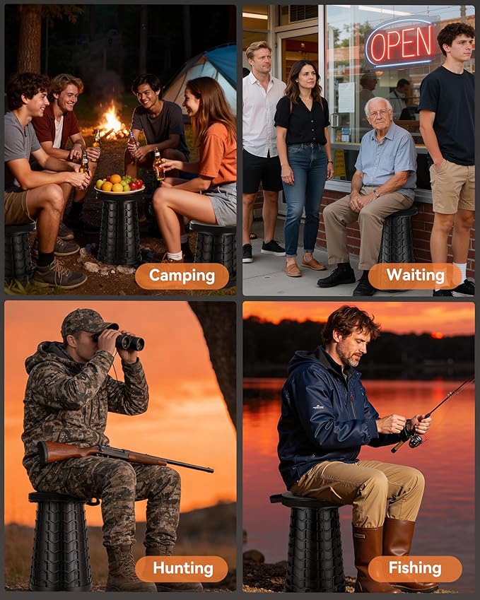 Collapsible Stool for Adults Adjustable Height - Portable Retractable Folding Camping Stool, Extra Tall and Wide Folding Chair, Heavy Duty Outdoor Essentials for Camping, Fishing, Waiting, Hunting
