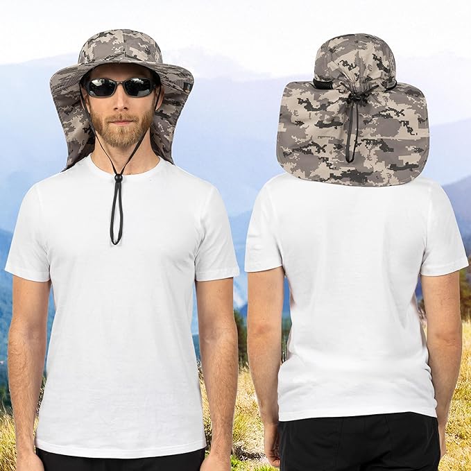 SUN CUBE Sun Hat for Men, Wide Brim Fishing Hat Neck Flap Cover Men, Women, Hiking, Camping, Sun Protection UV, Gardening