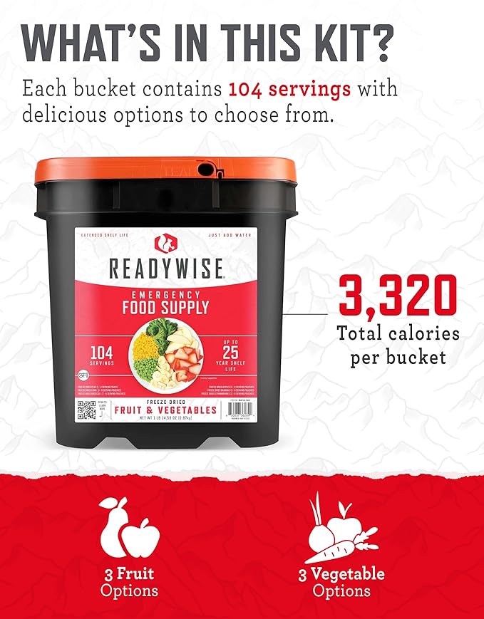 ReadyWise Emergency Food Supply - 104 Servings Freeze Dried Fruit and Vegetables Bucket, Protein Meals, Camping Essentials for Survival Food, Disaster Prepping Supplies, up to 25 Year Shelf Life