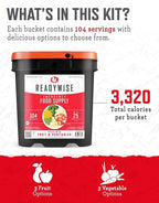 ReadyWise Emergency Food Supply - 104 Servings Freeze Dried Fruit and Vegetables Bucket, Protein Meals, Camping Essentials for Survival Food, Disaster Prepping Supplies, up to 25 Year Shelf Life