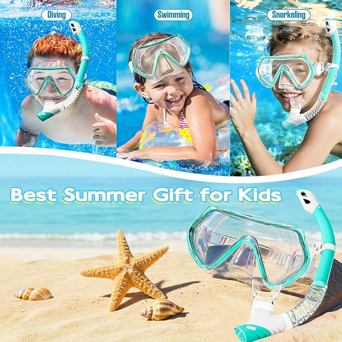 Snorkeling Gear for Kids, Kids Snorkel Set for Ages 3-14, Anti-Fog Diving Mask and Dry Top Snorkel Combo Set, Unisex Swimming Goggles