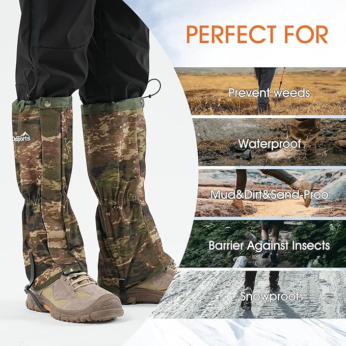 Waterproof Adjustable Leg Gaiters for Men and Women Snow Boot Gaiters for Hiking in Hunting Sand and Mud Mountain Climbing or Snowshoeing